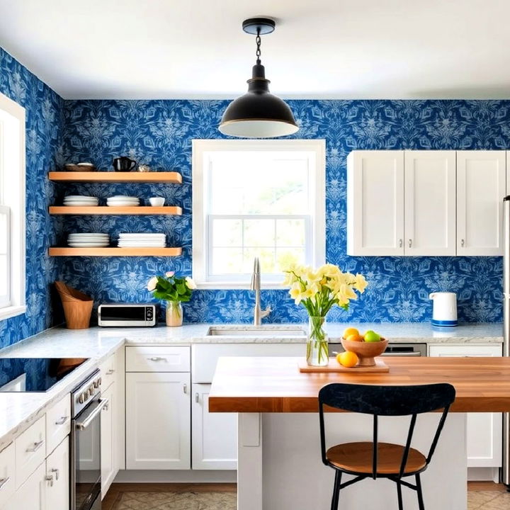 unique blue themed wallpaper for kitchen