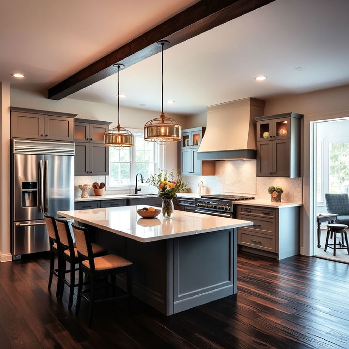 unique dark wood floor with pendant lighting