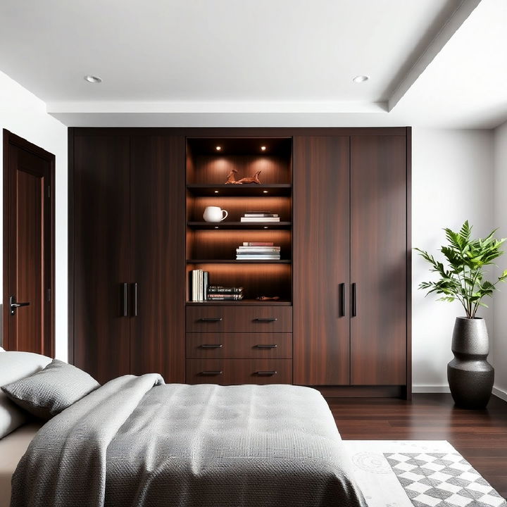 unique dark wood wardrobe with open shelving