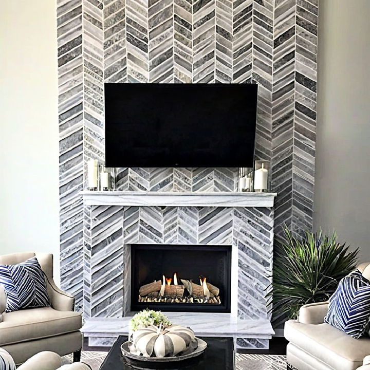 unique faux stone fireplace with herringbone pattern