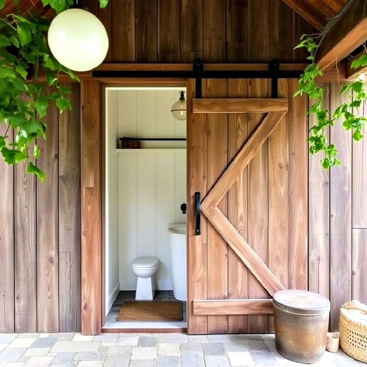 unique outdoor bathroom with reclaimed barn door