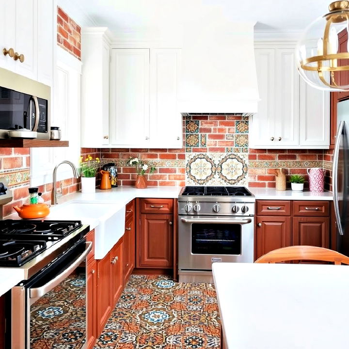 unique red brick and tiles kitchen design