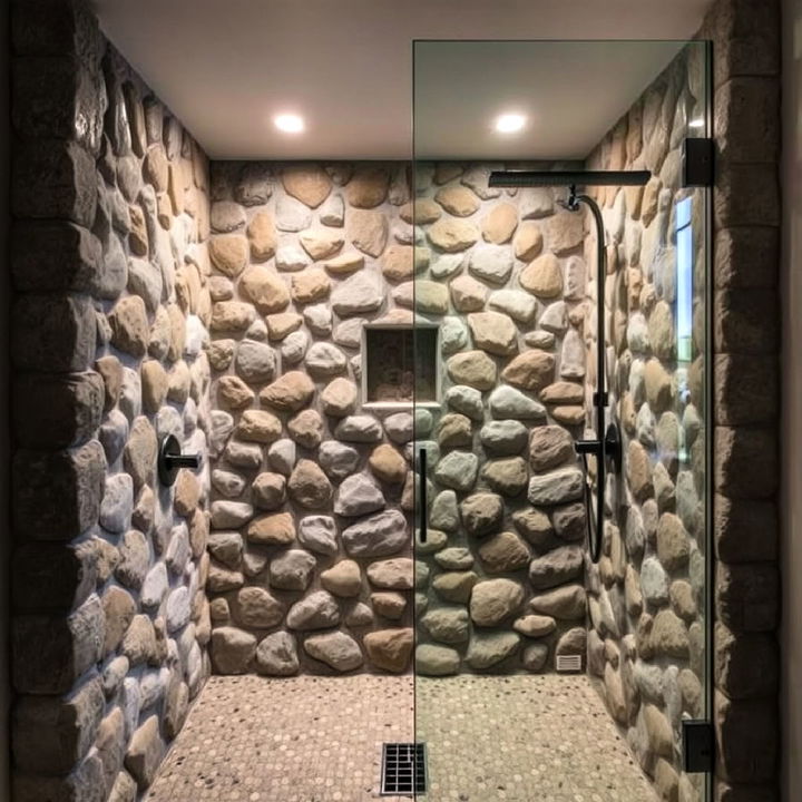 unique river rock shower wall