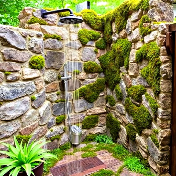 unique stone shower wall with moss accents