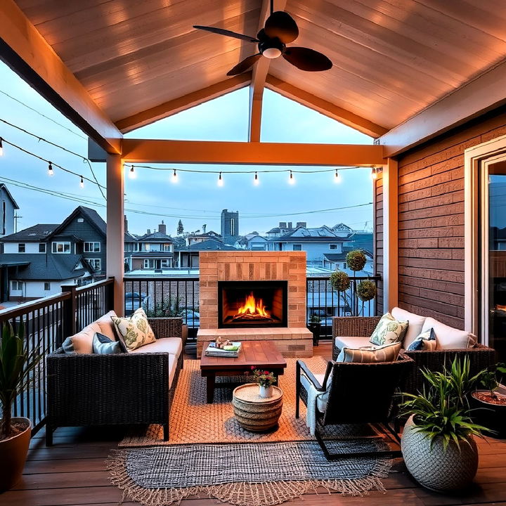 urban balcony bliss covered deck with fireplace