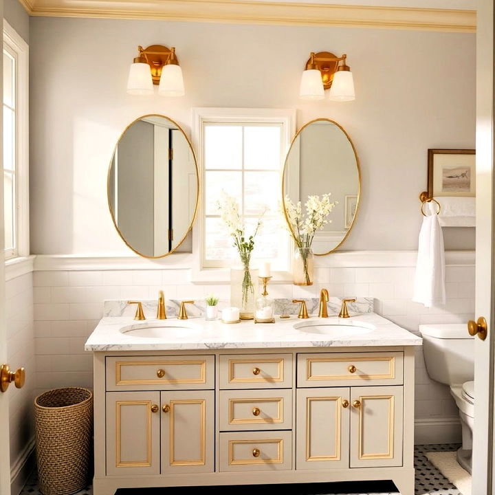 vanity lighting with gold trimmed fixtures