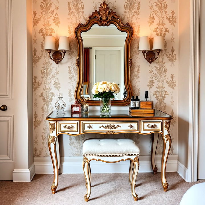 vanity table with an ornate mirror