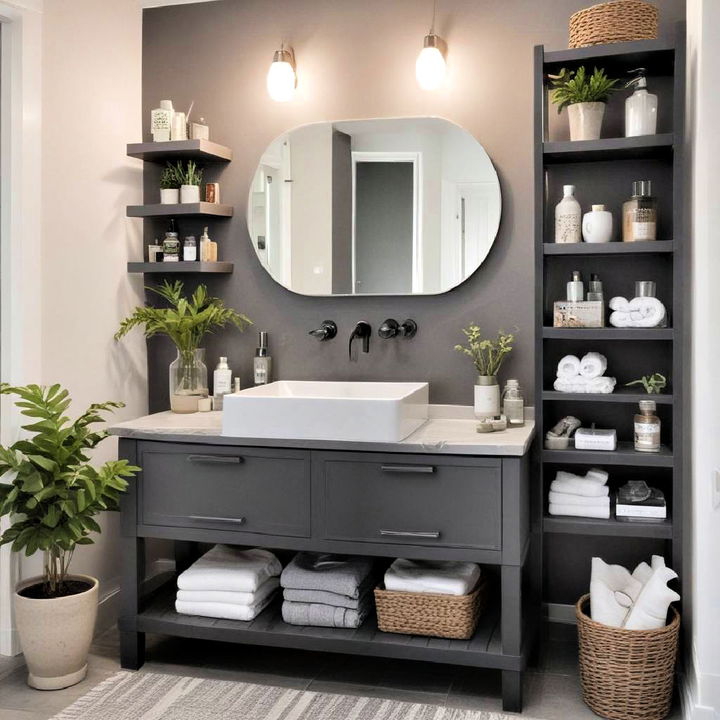 vanity with open shelving for toiletries