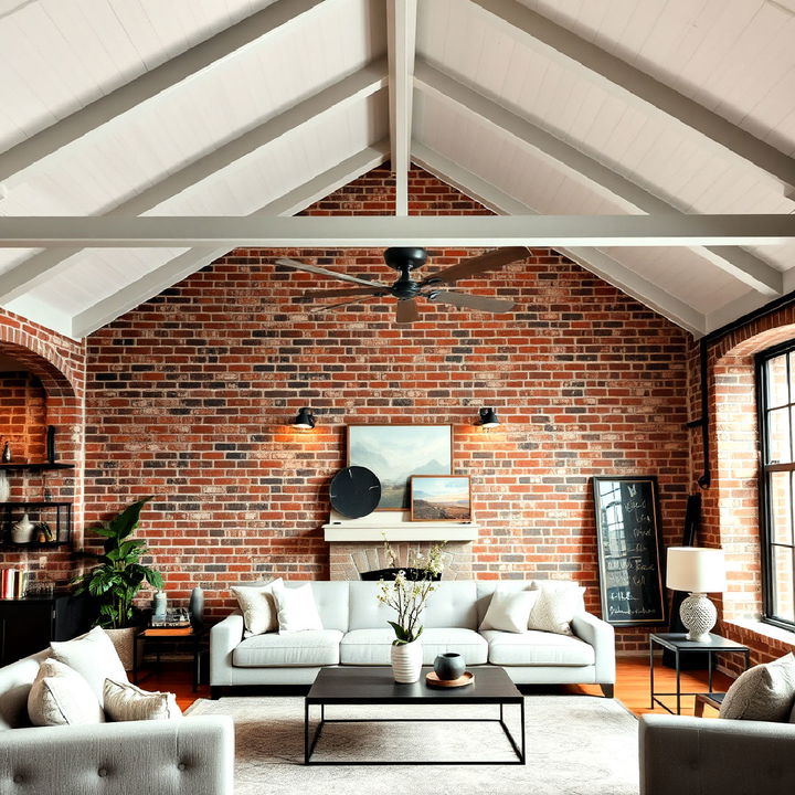 vaulted ceiling with exposed brick walls