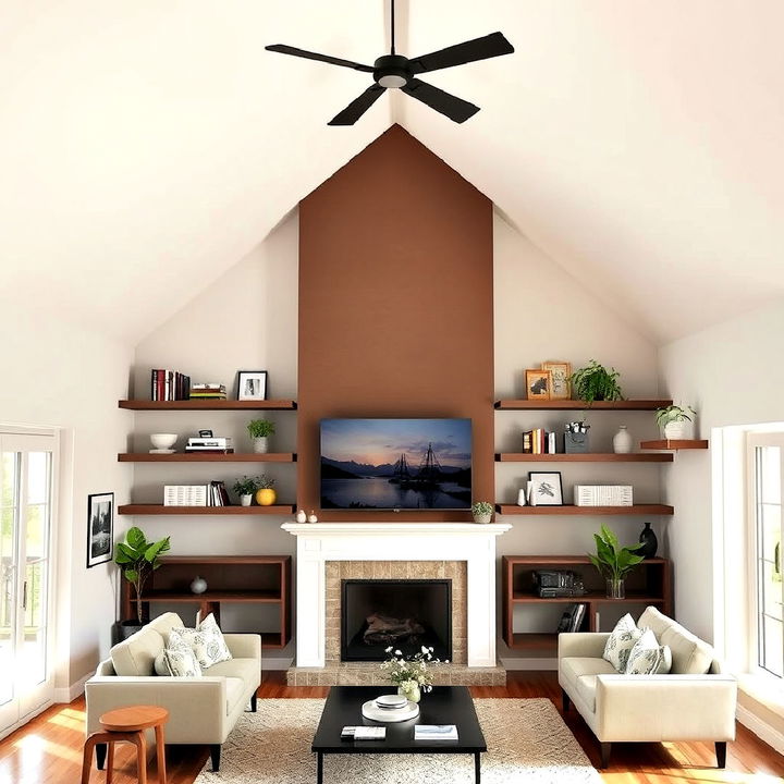 vaulted ceiling with floating shelves