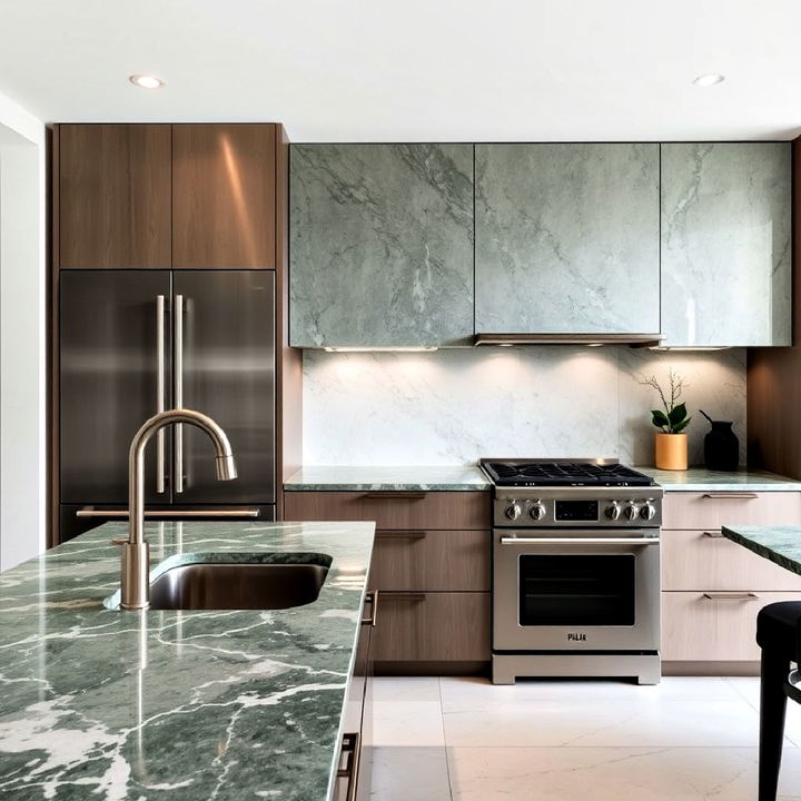 veined green marble countertop with stainless steel