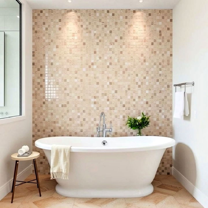 versatile white bathtub with beige mosaic tile