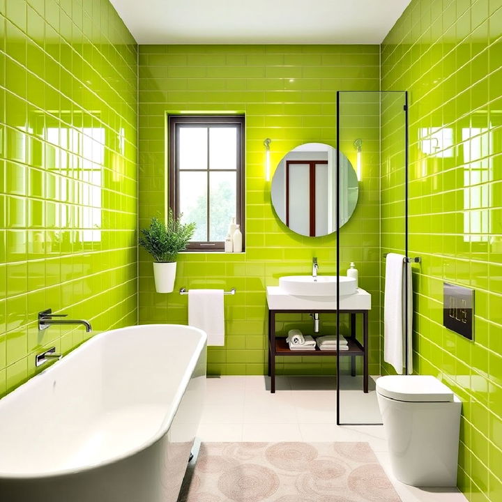 vibrant and glossy lime green bathroom tiles