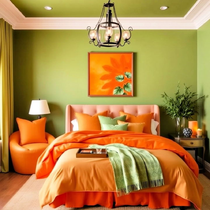 vibrant orange and green color bedroom scheme