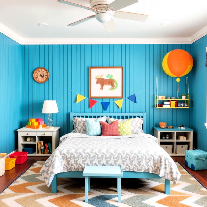 vibrant playroom beadboard wall