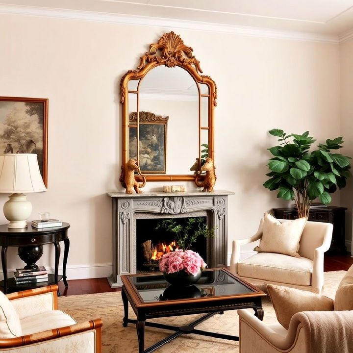 vintage chinoiserie mirror with intricate gilded frame over the fireplace