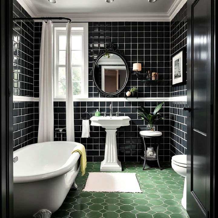 vintage inspired black and white bathroom with green tile flooring