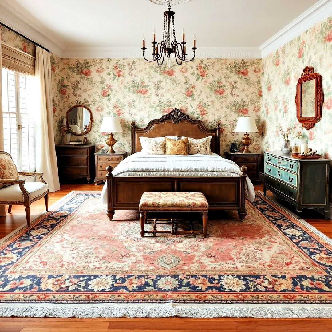 vintage rug to ground grandmillennial bedroom