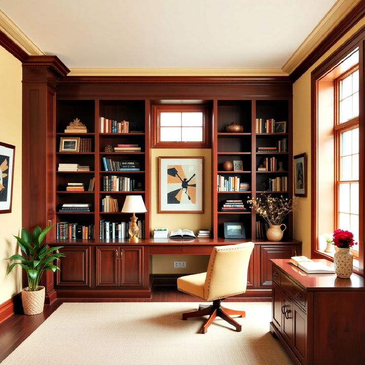 warm mahogany and pale yellow study room