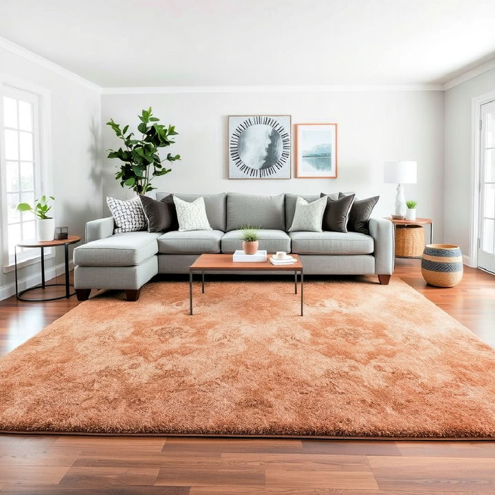 warm taupe rug with a grey couch