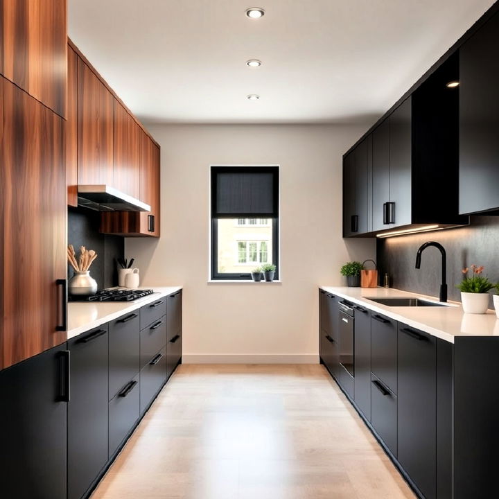 warm wood and matte finishes parallel kitchen