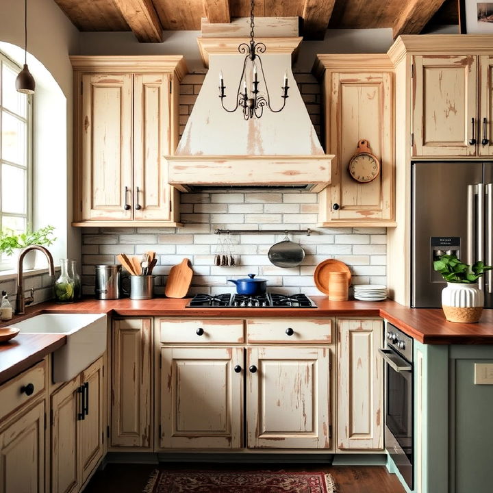 weathered cabinetry for tuscan kitchen