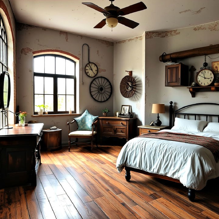 weathered wood flooring for steampunk bedrooms