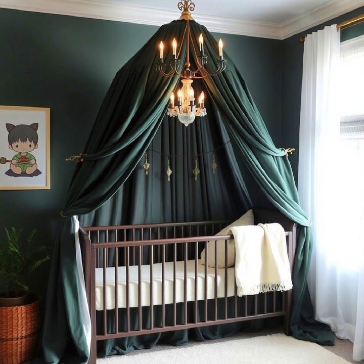 whimsical dark green canopy over the crib