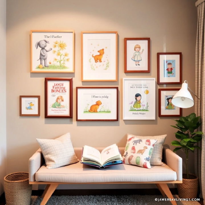 whimsical gallery wall with kids book illustrations