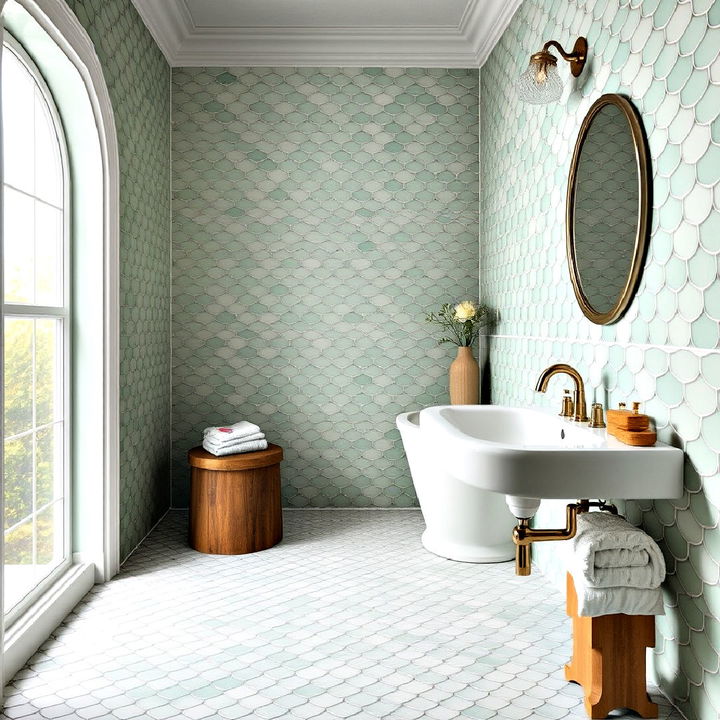 whimsical pale green fish scale bathroom tiles