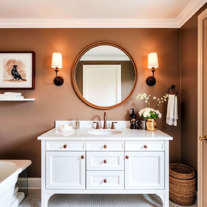 white bathroom vanity with brown hardware