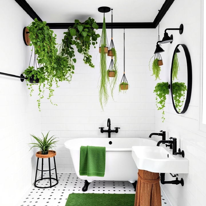 white bathroom walls with black fixtures and refreshing plant decor