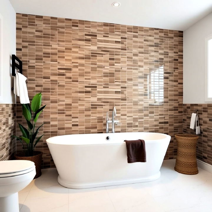 white bathtub with brown tile surround