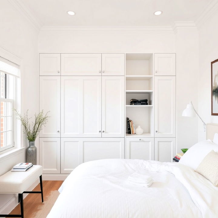 white built in storage bedroom