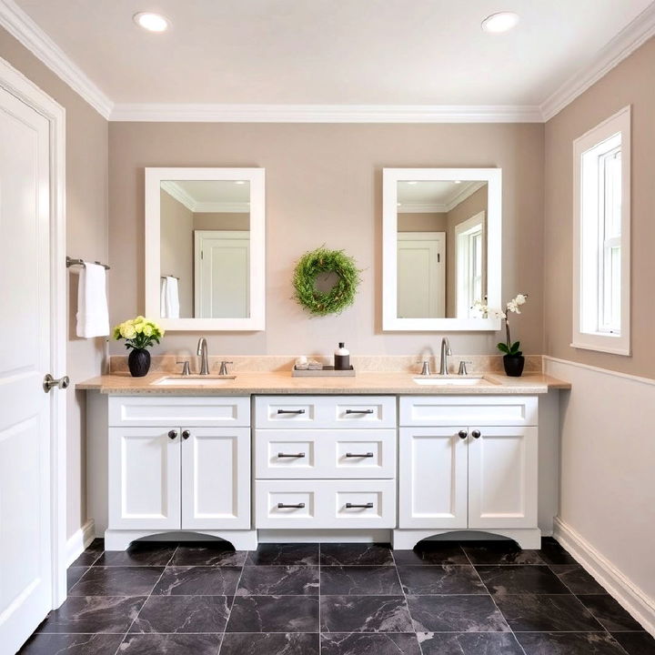 white cabinets with beige countertops bathroom design