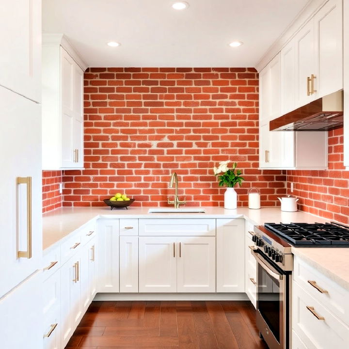 white cabinets with red brick contrast