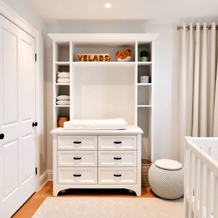 white changing table with minimalist open shelving