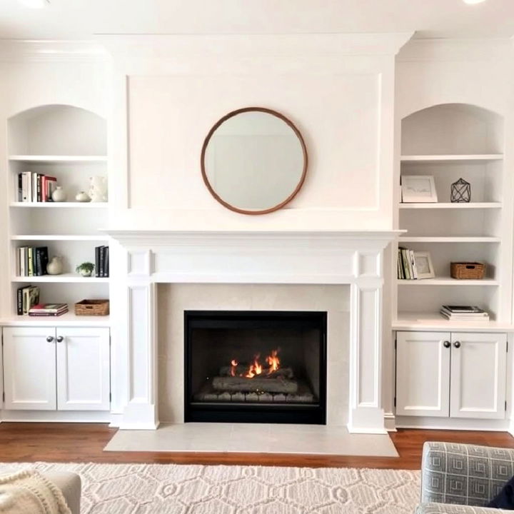 white fireplace with built in shelving