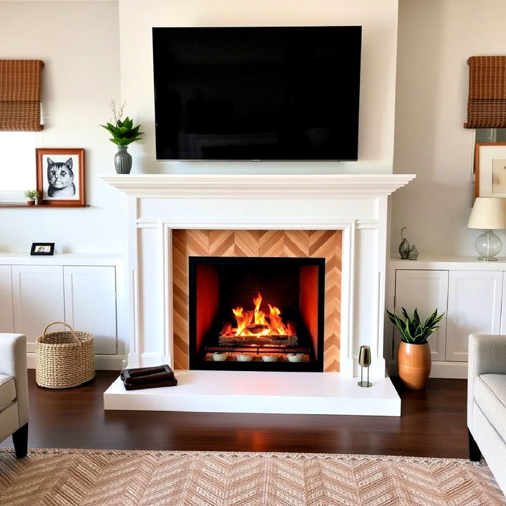 white fireplace with chevron wood accents