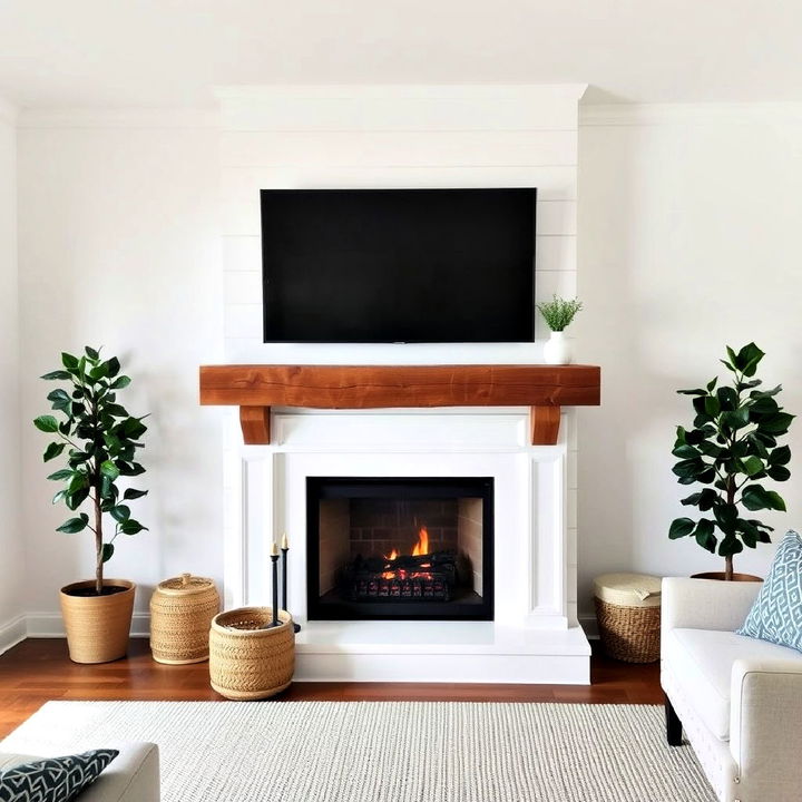 white fireplace with rustic wood beam mantel