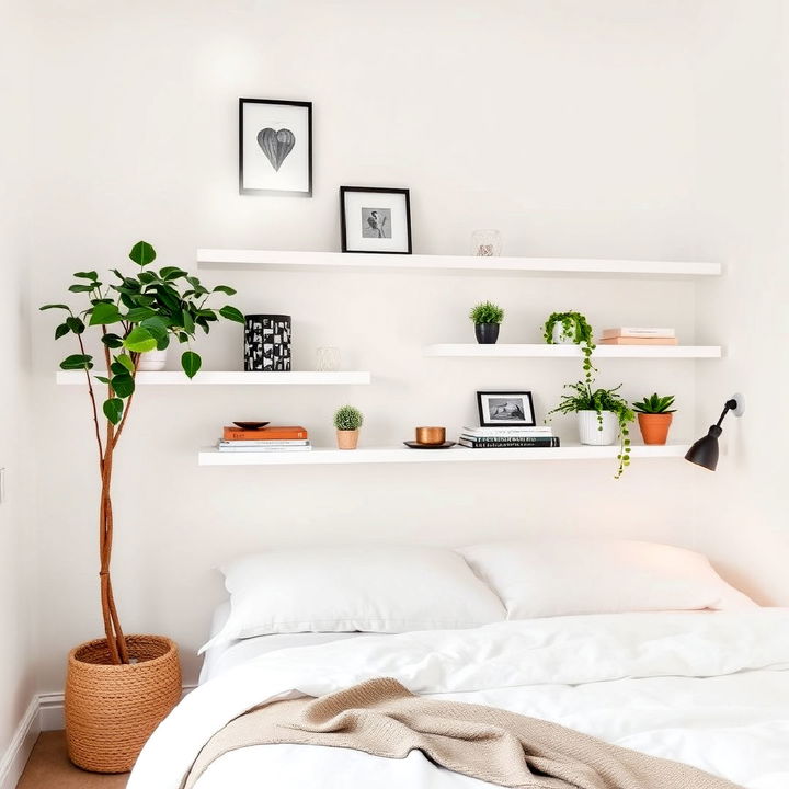 white floating shelves to keep small bedroom organized