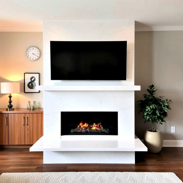 white granite fireplace with a floating hearth