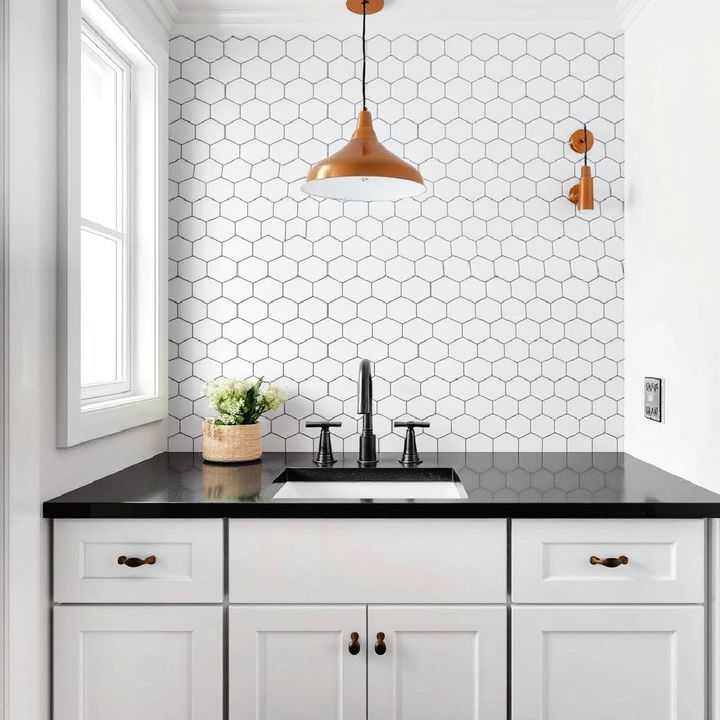 white hexagon tile backsplash bathroom