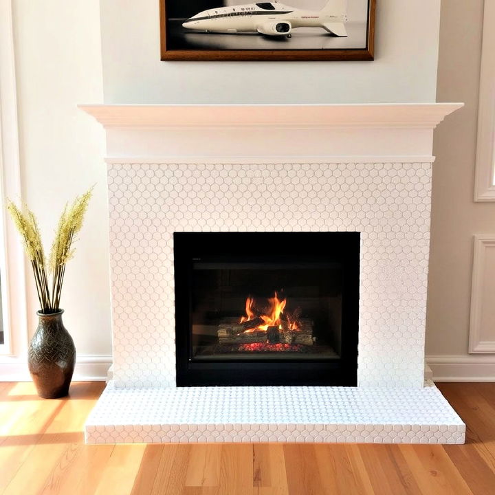 white mosaic tile fireplace surround