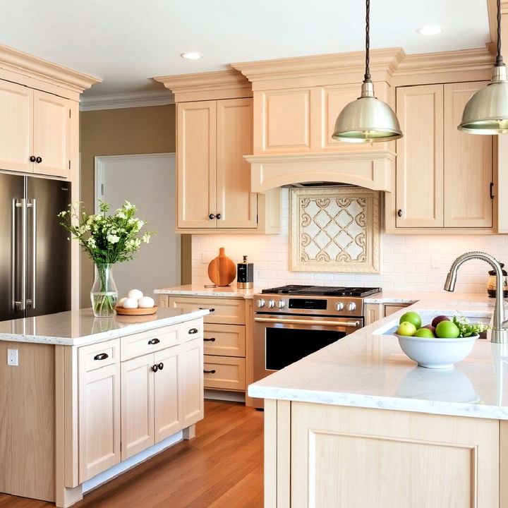 white oak cabinets excel in transitional kitchen