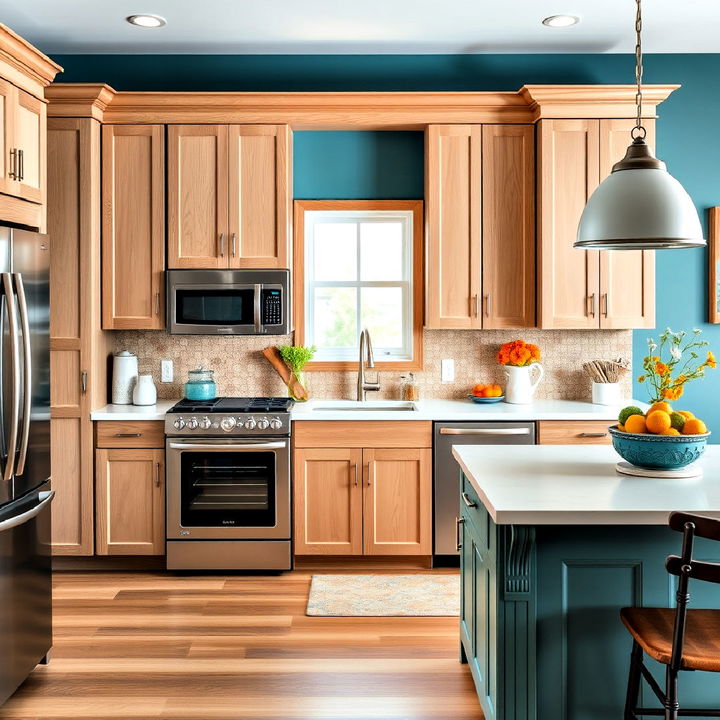 white oak cabinets with various color pairings