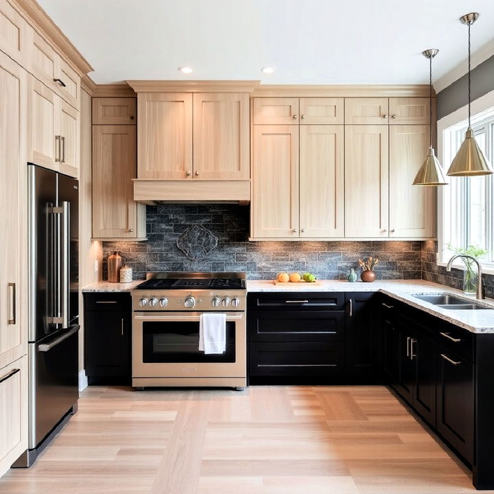 white oak upper cabinets with darker lower cabinets