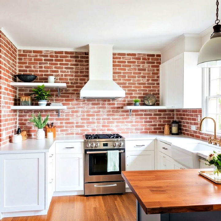 white painted red brick kitchen walls