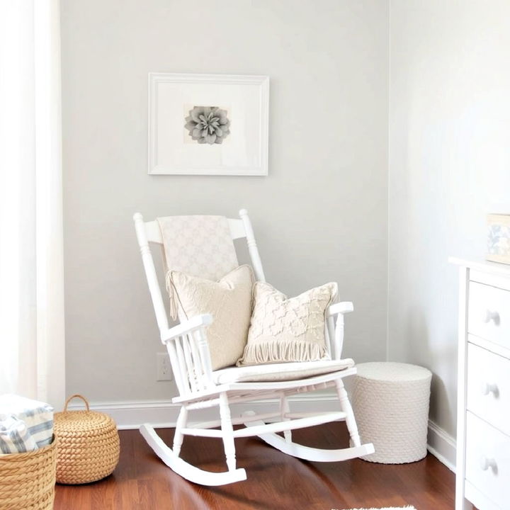 white rocking chair with neutral cushions