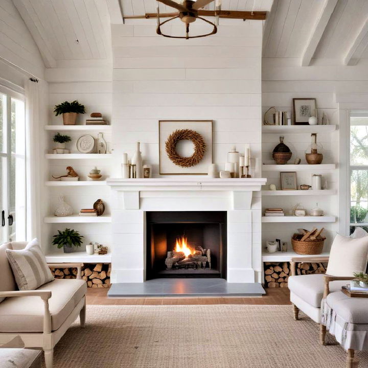 white shiplap fireplace for classic interiors